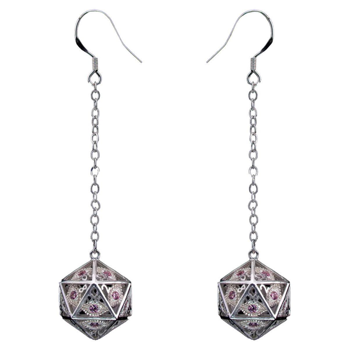 Hymgho: Dragon's Eye D20 Dice Hook Earrings Silver w/Pink Gems