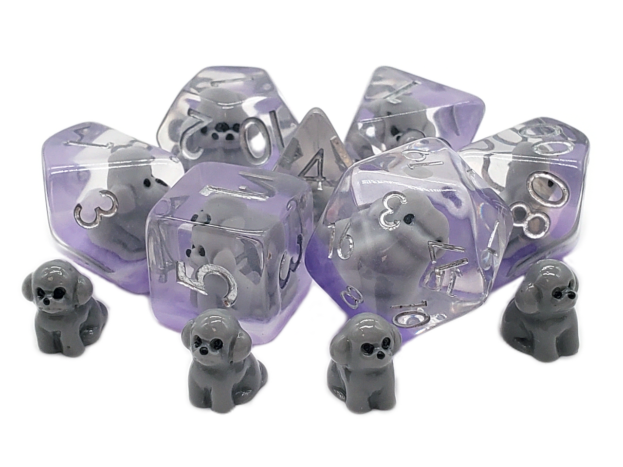 Old School 7 Piece DnD RPG Dice Set: Animal Kingdom - Puppy Dog - Grey - VGMX