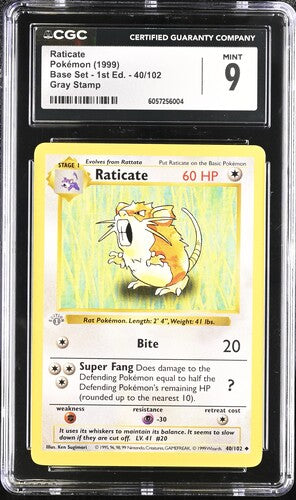 Pokemon: Raticate 40/102 - Base Set 1st Edition Shadowless - Grey Stamp - CGC 9