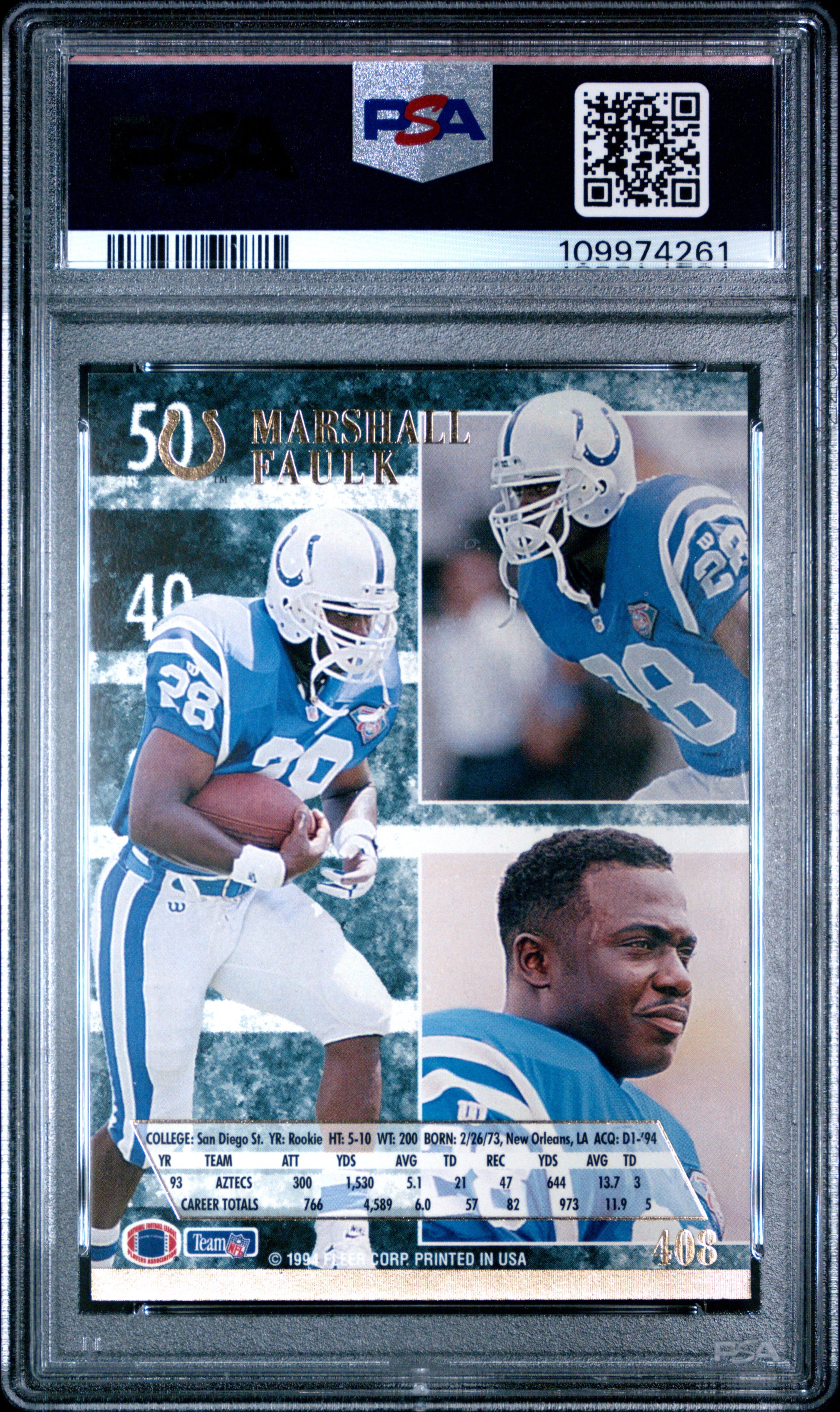 408 on football helmet 1994 Ultra Fleer Rookie #408 Marshall Faulk PSA 9