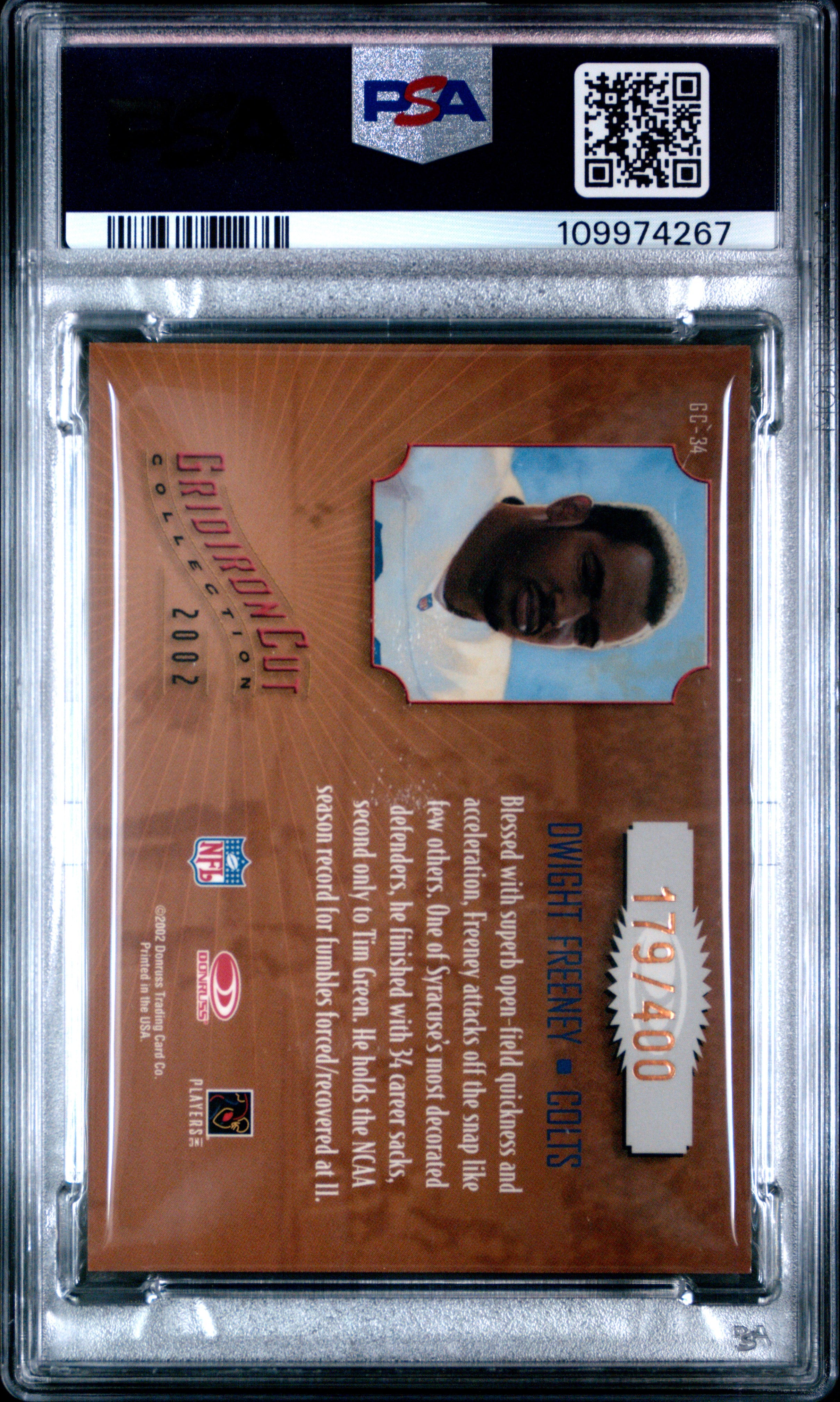 2002 Donruss Gridiron Kings Gridiron Cut Collection GC-34 Dwight Freeney RC Auto /400 PSA 7 - VGMX