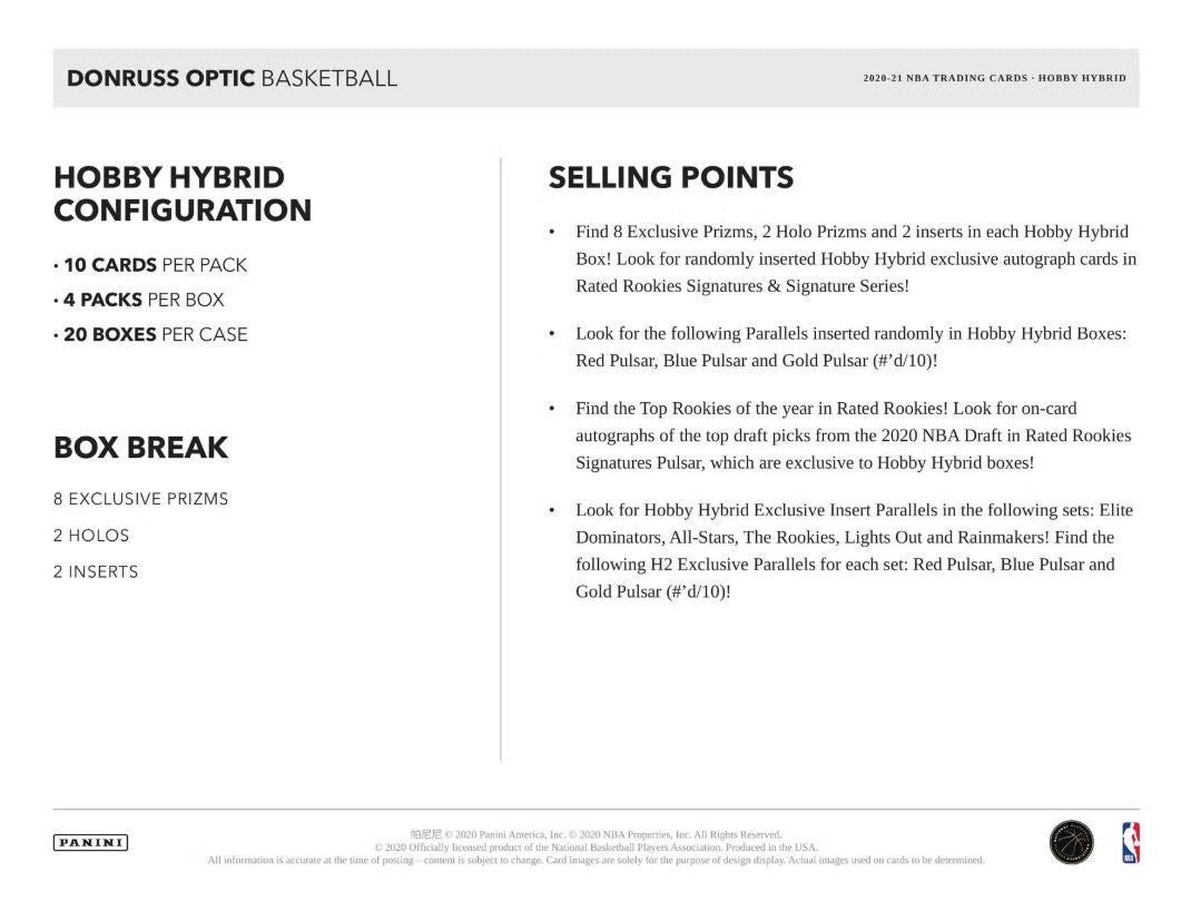 2020/21 Panini Donruss Optic Basketball H2 Hobby Hybrid Box - VGMX
