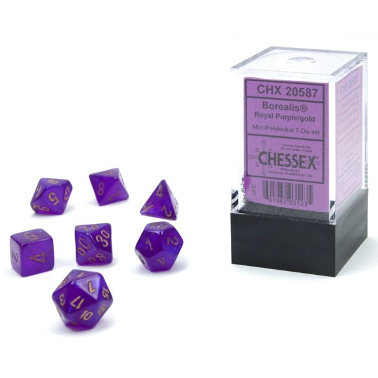 Chessex Dice: Borealis - Mini Polyhedral Royal Purple/Gold (7) - VGMX