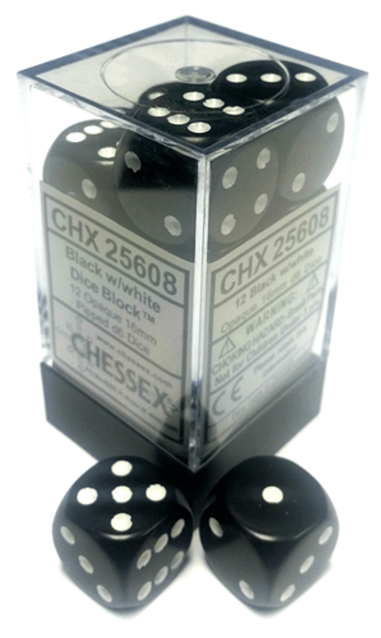 Chessex Dice: Opaque 16mm D6 Black/White (12) - VGMX