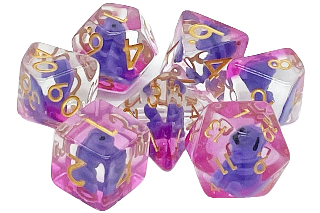 Old School 7 Piece DnD RPG Dice Set: Animal Kingdom - Baby T-Rex - Purple - VGMX