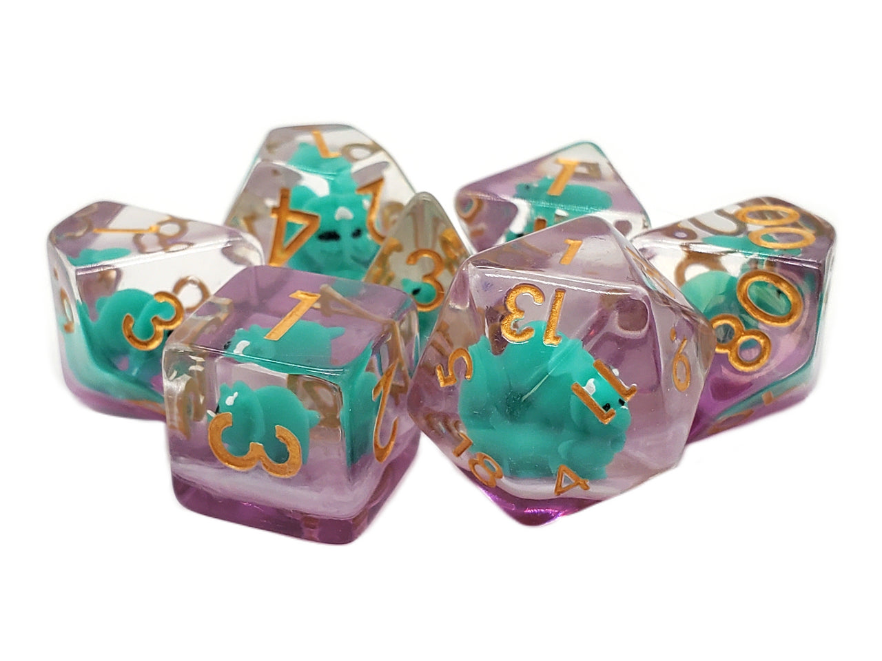 Old School 7 Piece DnD RPG Dice Set: Animal Kingdom - Baby Triceratops - Green - VGMX