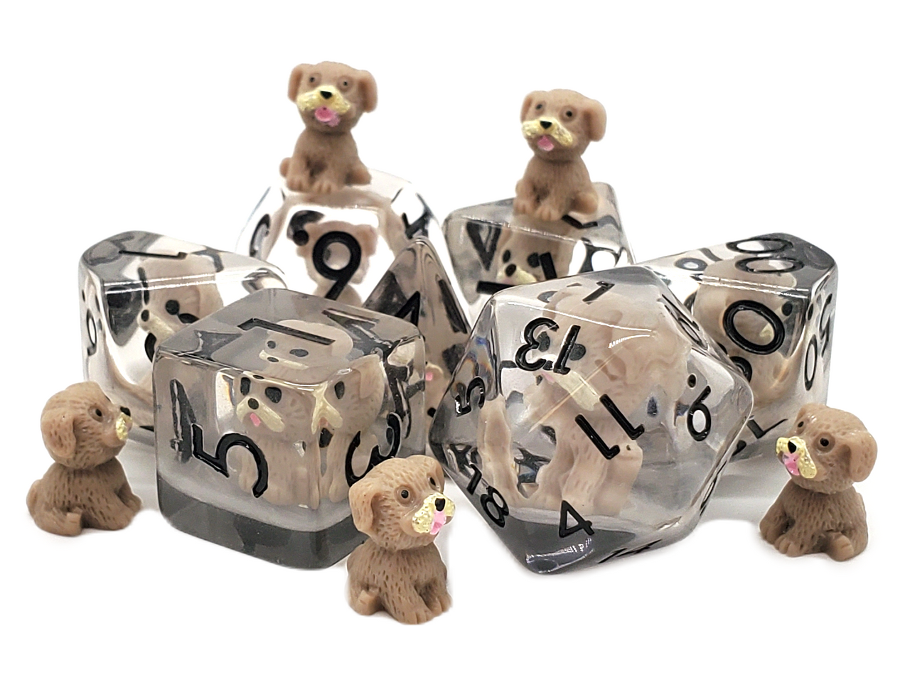 Old School 7 Piece DnD RPG Dice Set: Animal Kingdom - Puppy Dog - Tan - VGMX