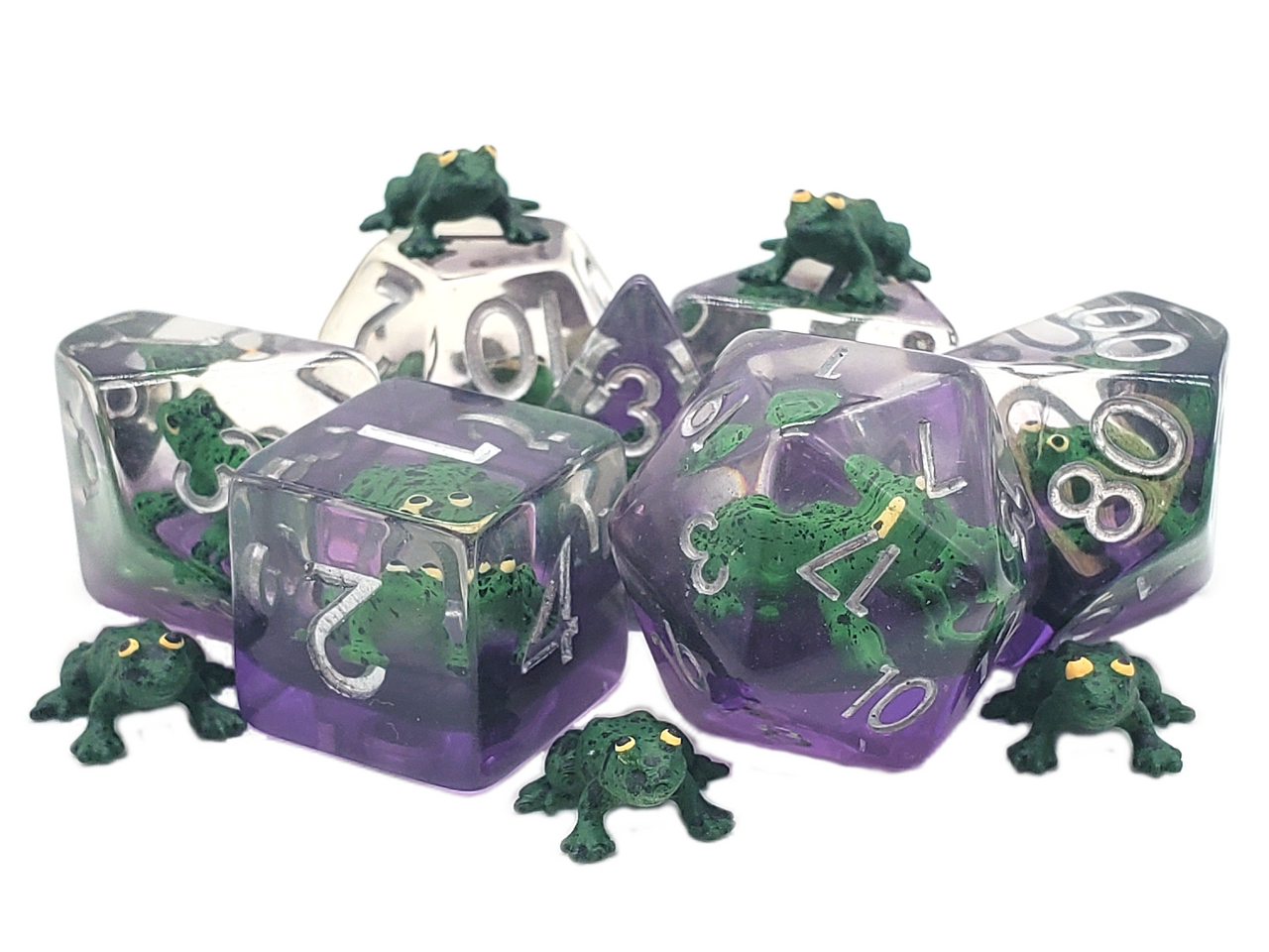 Old School 7 Piece DnD RPG Dice Set: Animal Kingdom - Toad - Green w/ Purple - VGMX