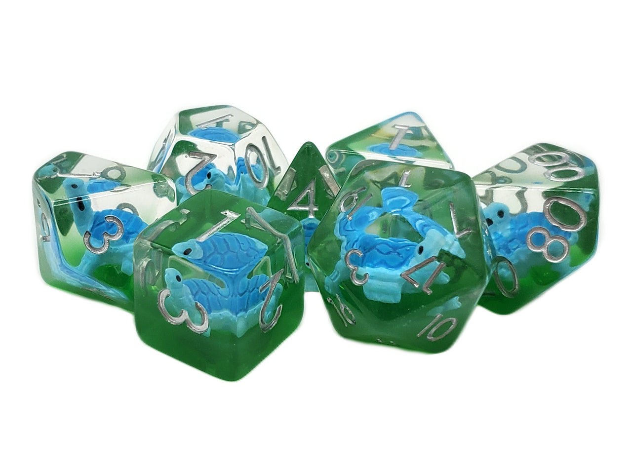Old School 7 Piece DnD RPG Dice Set: Animal Kingdom - Turtle - Blue w/ Green - VGMX