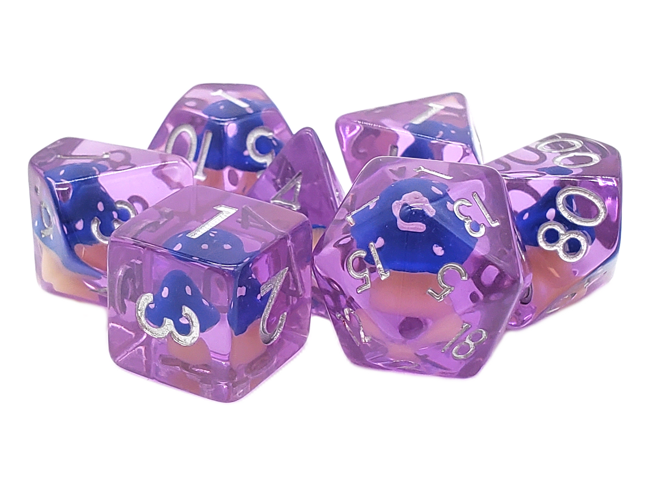 Old School 7 Piece DnD RPG Dice Set: Infused - Mushroom - Blue - VGMX