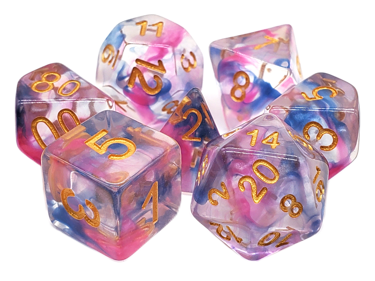 Old School 7 Piece DnD RPG Dice Set: Nebula - Rose Red & Blue - VGMX