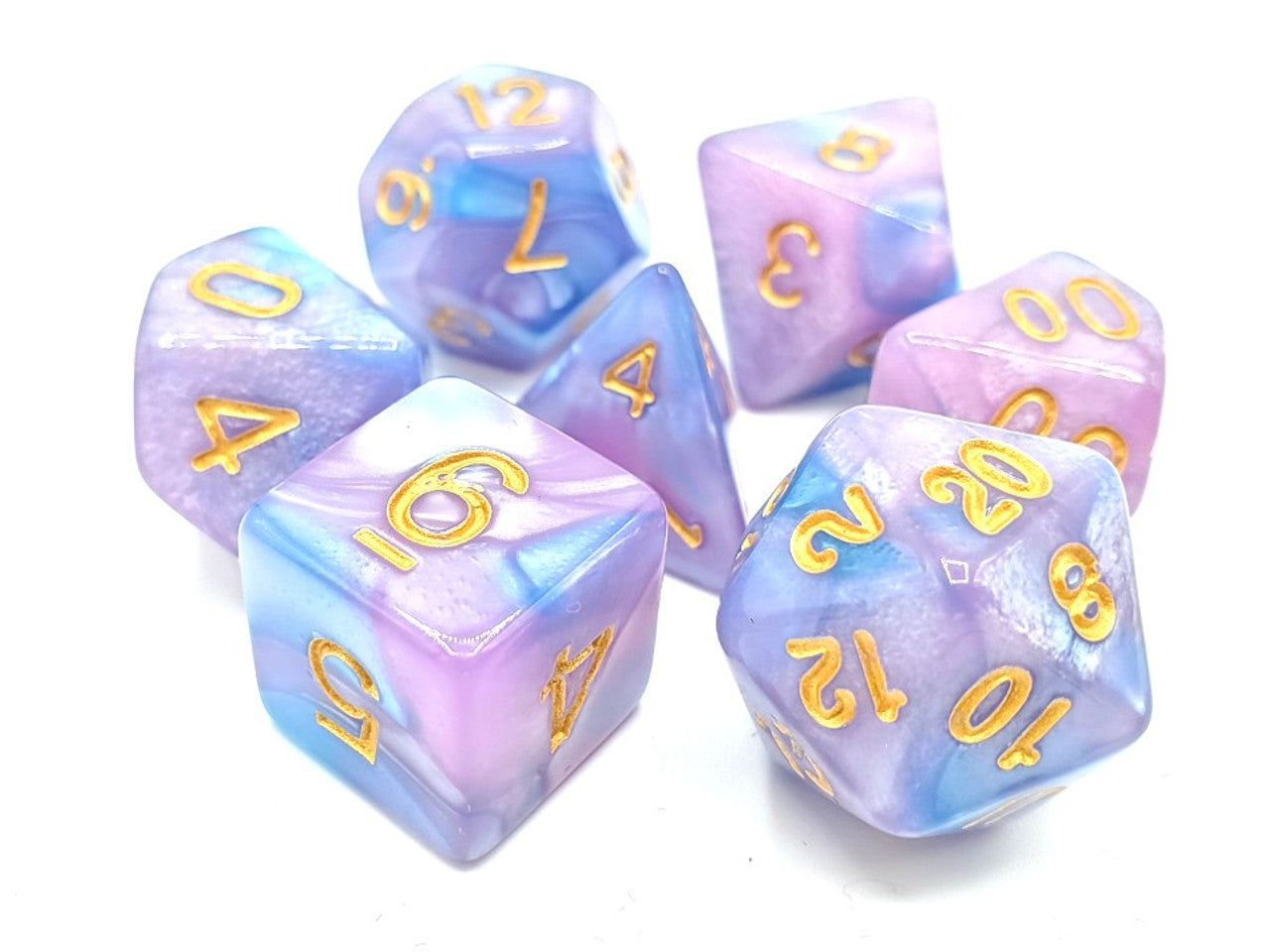 Old School 7 Piece DnD RPG Dice Set: - Lilac & Light Blue w/ Gold