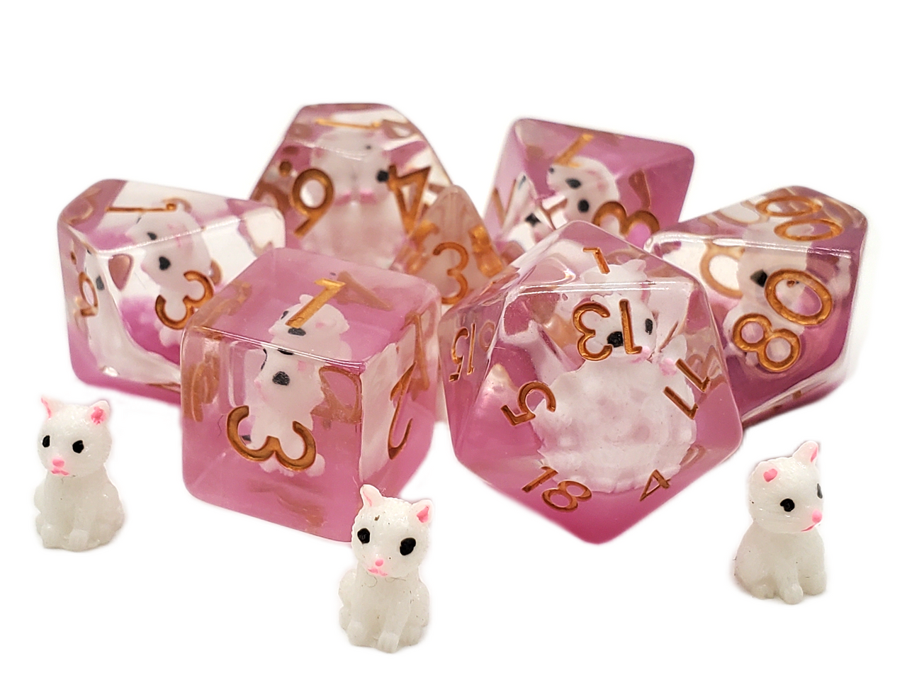 Old School 7 Piece DnD RPG Dice Set: Animal Kingdom - Cat - White w/ Pink - VGMX