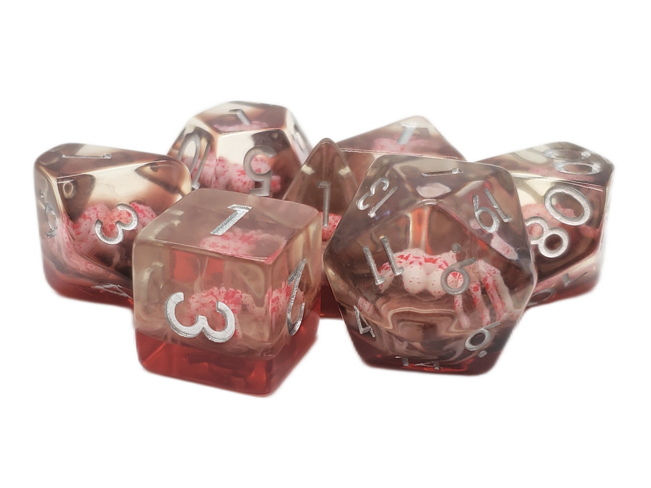 Old School 7 Piece DnD RPG Dice Set: Animal Kingdom - Spider - White w/ Red